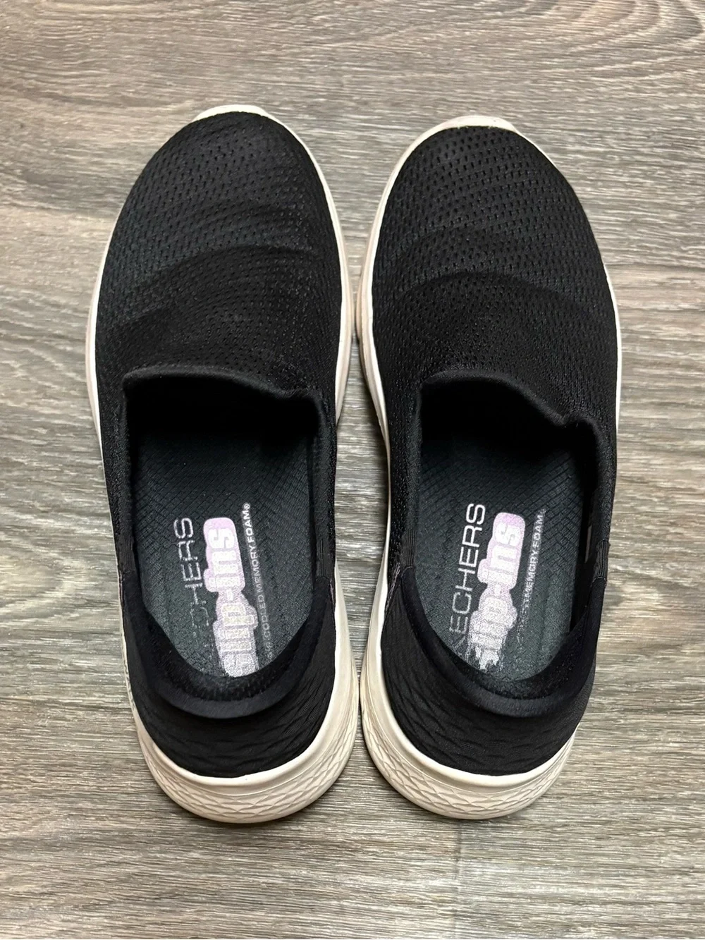 Skechers Size 7 Women's Black Knit Slip-On Sneakers with White Sole